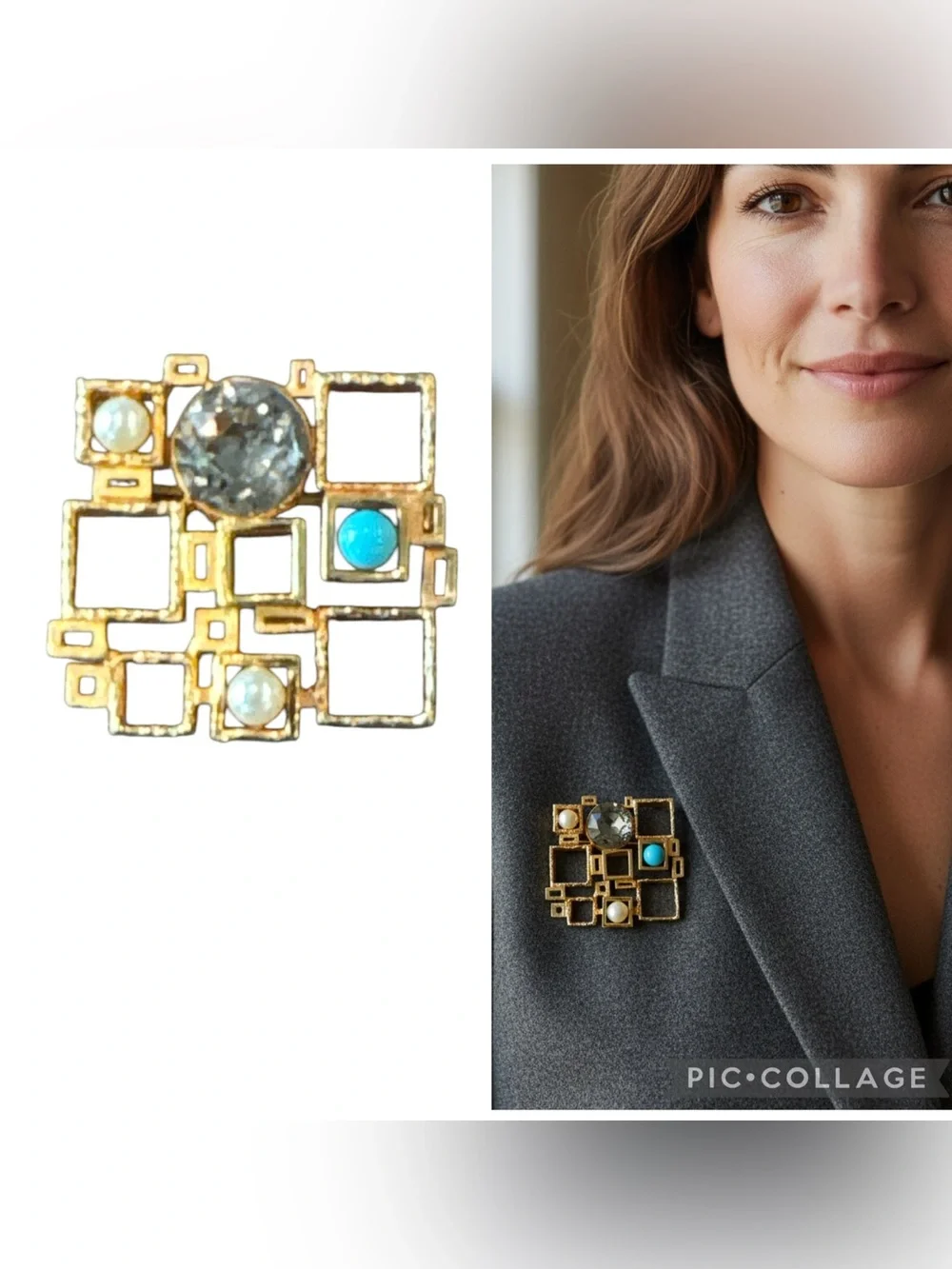 Vintage Mid Century Modern Geometric Gold Tone Blue Crystal Brooch Pin